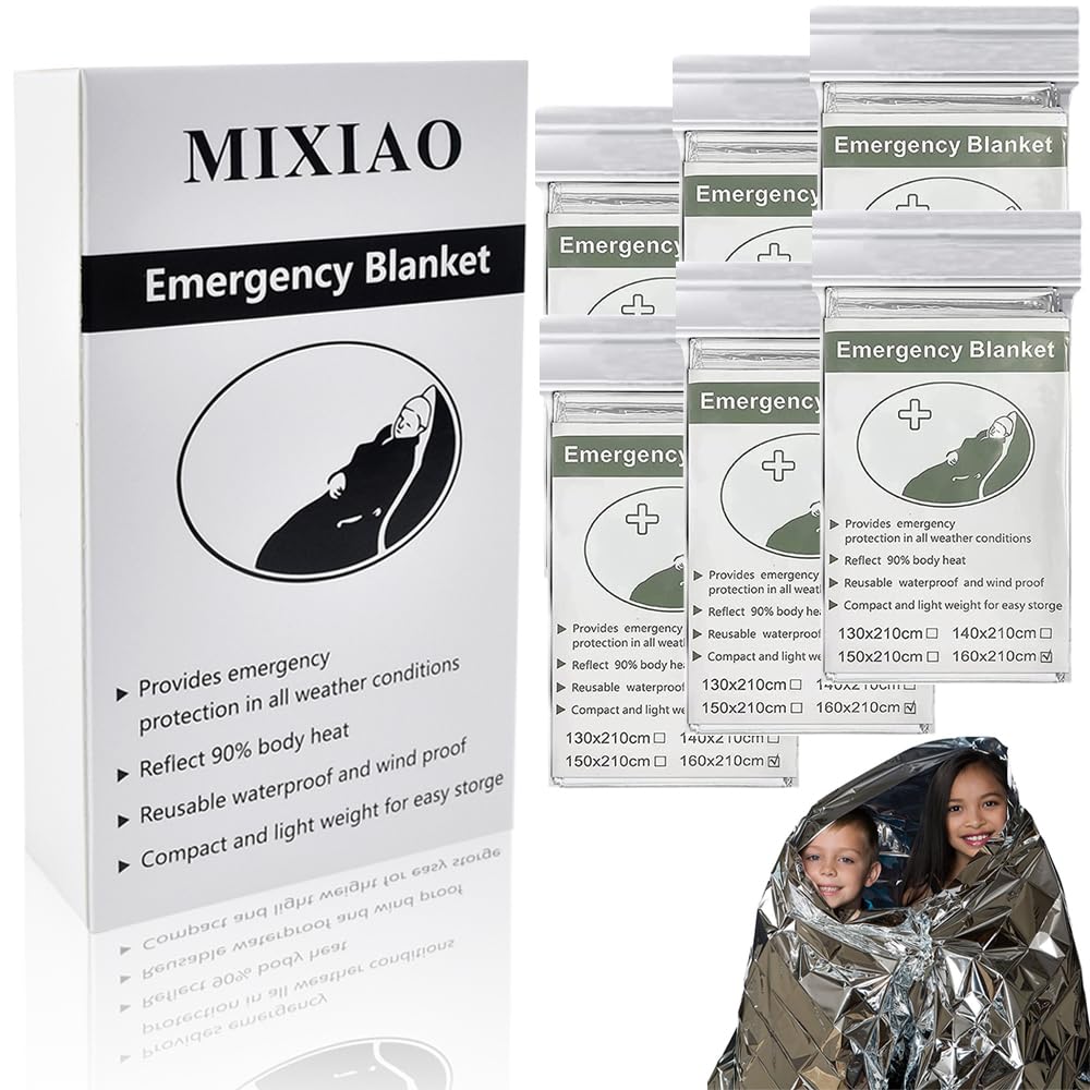 MIXIAO Emergency Foil Thermal Blanket (Pack of 6), 210 x 160 cm (82" x 63") Survival Reflective Blankets Perfect for Outdoors, Hiking, Survival, Marathons or First Aid (Silver Pack of 6)