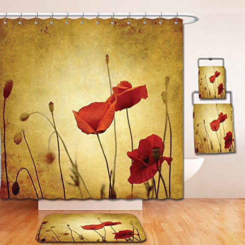 Click Here to See More Images Nalahome Bath Suit: Showercurtain Bathrug Bathtowel Handtowel Poppy Decor Poppies and Flower Buds on Ambient Dark Grunge Background with Retro Effects Bohemian Mustard Vermilion