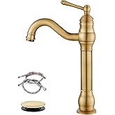gotonovo Vessel Sink Faucet 360° Swivel Spout Single Handle Tall Bathroom Faucet 1 Hole Farmhouse Lavatory Washbasin Mixer Tap Matching Supply Hoses, with Pop Up Drain, Antique Brass