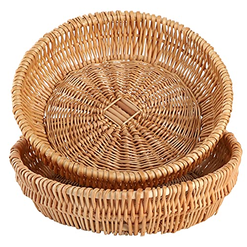 ZENFUN 2 Pack Wicker Bread Baskets, 12'' Round Rattan Woven Fruit