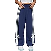 WDIRARA Toddler Girl's Striped Side Track Pants Elastic Waist Bowknot Straight Leg Baggy Pants