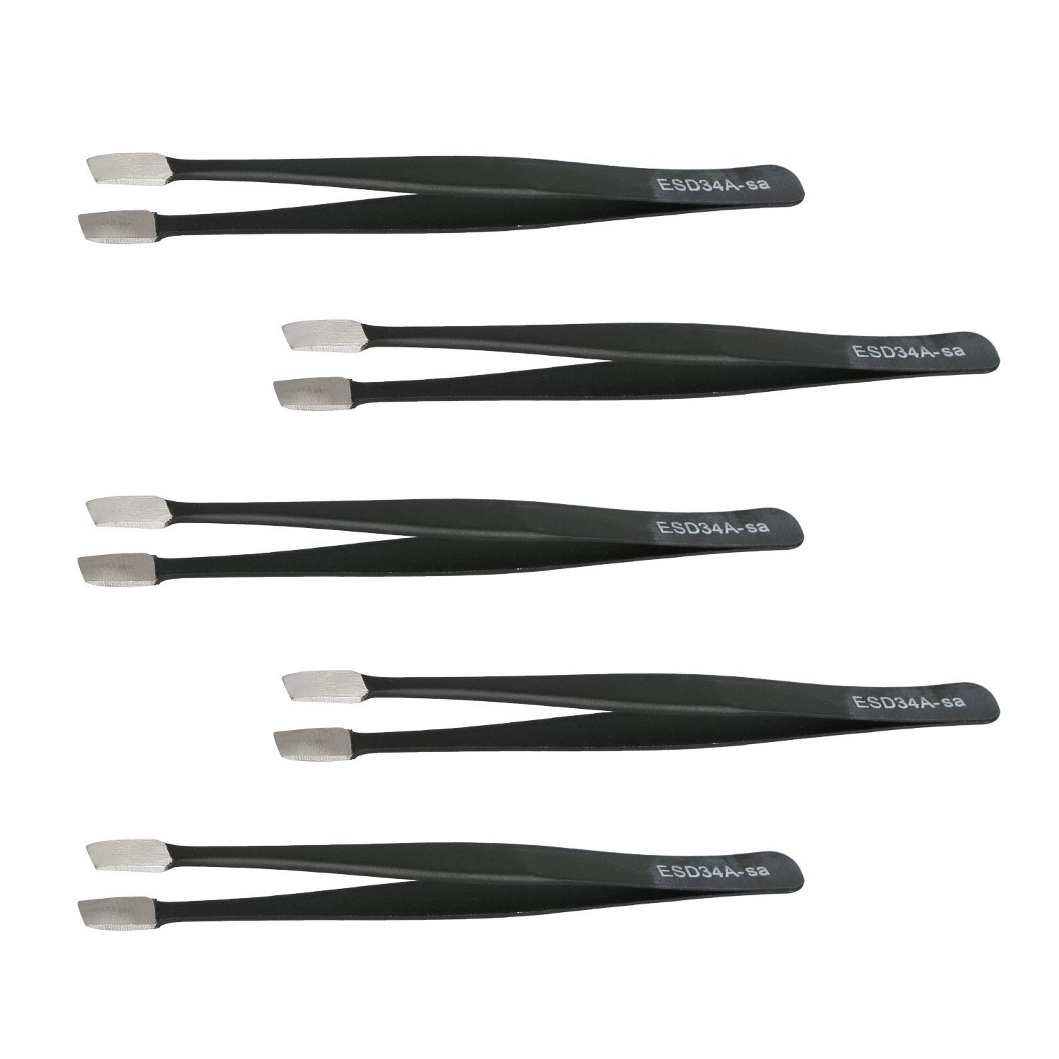 Aoje-Link ESD-34a Professional Anti-Static Precision Technology Tweezers, Non-Magnetic Flat Straight, Stainless Steel Plastic Coated, Full Length 120mm, Black, 5pcs