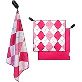 Obirdie Magnetic Golf Towel | 18"x18" Waffle Microfiber | Women's Golf Accessory | Detachable Clip | Quick-Dry, Ultra-Absorbent | Pink Argyle