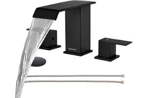 OMEKNTOP Matte Black Bathroom Faucet 3 Hole, 8 Inch Waterfall Black Bathroom Faucet with Overflow Pop Up Drain and cUPC Hose,