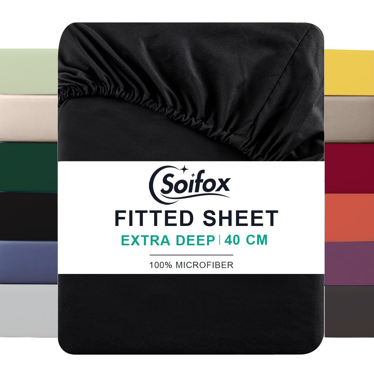 Soifox Super King Fitted Sheet Black - Bed Sheets with Extra Deep Pocket 16 inch (40 cm), Soft Microfiber Bottom Sheet for Superking Bed, 180x200cm