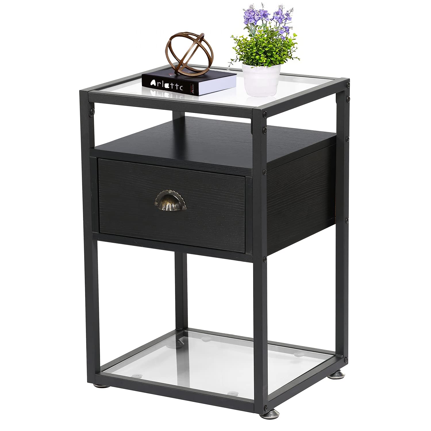 VECELO Versatile Nightstand Tempered Glass End Side & Sofa Table with Drawer Decoration in Living Room Bedroom Office Lounge, 15.7"X13.8"X23.6", Black