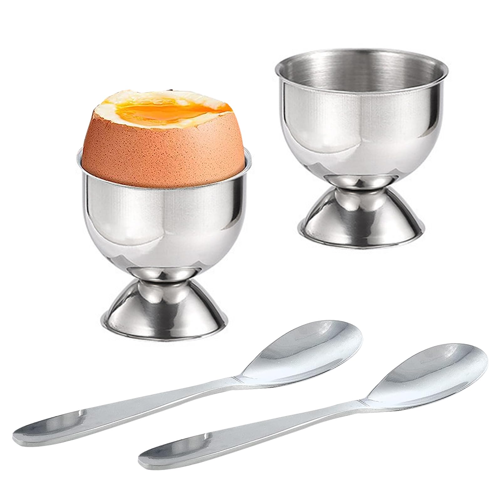 Egg Cup Set, 2 Pcs Stainless Steel Egg Cups with 2 Pcs Egg Spoons Metal Egg Cup Holder Easter Egg Cups for Soft Boiled Eggs
