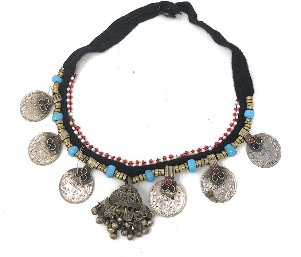 Gypsy Turkman Choker Necklace with Metal Coins Studded in Lapis Lazuli Chandelier Pendant Bell Ornament Afghani
