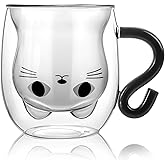 Bkinpid Cute Cat Double Wall Glass Mug, Black Cat 100% Borosilicate Thick Glass with Handle, Heat Resistance