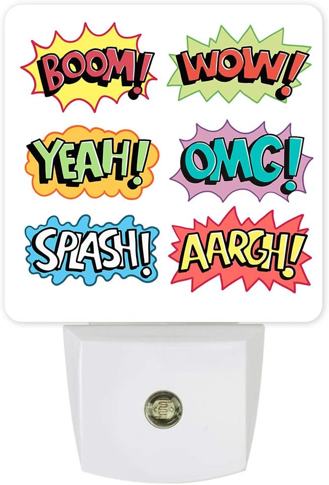 Plug-in LED Night Light Lamp Sensor-Inflections Explode Cloud Exclamation Point Comics,Automatic Dimmable Dusk-to-Dawn Square Shaped Smart Night Lights for Nursery/Bathroom/Bedroom