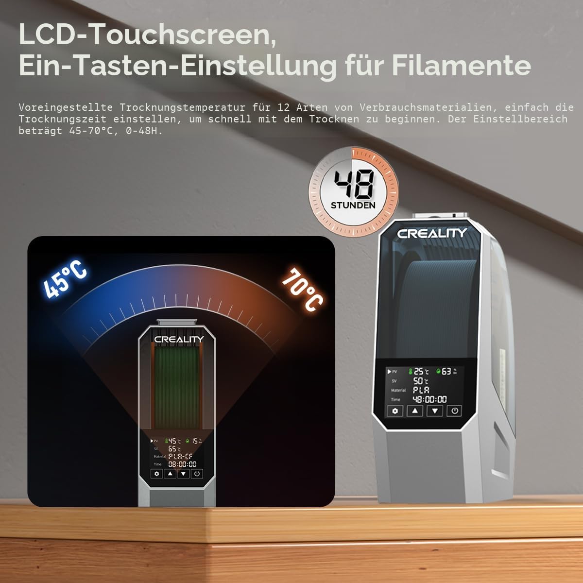 Offizieller Creality Space PI Filament Trockner, 3D Drucker Filament Trockner Box, Filamentaufbewahrung und Filamententwässerung für 1 kg Filament, Ein-Tasten-Einstellung für PLA PETG ABS TPU Nylon 3