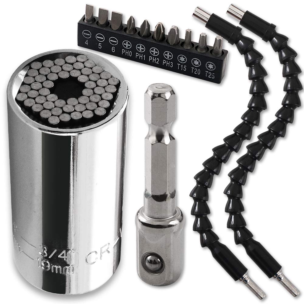 Cozihom Universal Socket Wrench, Self-Adjusting Socket Fits Standard 1/4''-3/4'' (7-19mm) with Ratchet Wrench Power Drill Adapter, 2Pcs 11.6'' Flexible Drill Bit Extension Shaft with Drill Bit Sets