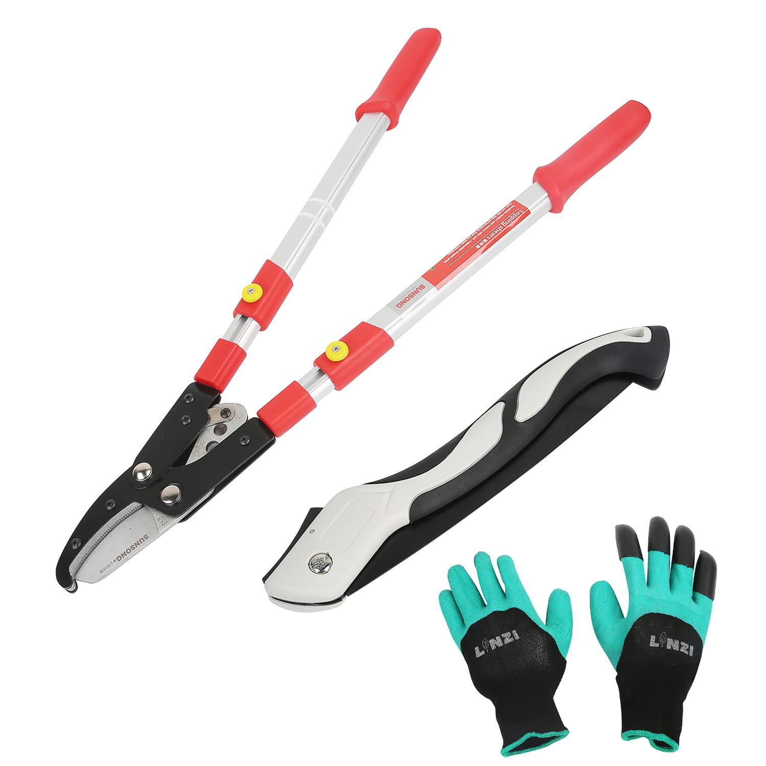 LINZI Garden Shears Loppers Set 3PCs, Heavy Duty Telescopic Ratchet Anvil Loppers 660mm-970mm Aluminum Handle + 250mm Folding Pruning Saw Hacksaw + Garden Gloves, Gardening Care Kit
