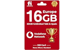 GIFFGISS Vodafone Network Europe Sim Card - 16GB in 4G/LTE in UK and Europe, 50GB and Unlimited Calls in Spain - Sim Card Europe with Vodafone Data for 14 Days - Support Hotspot for Android Mobile Phone