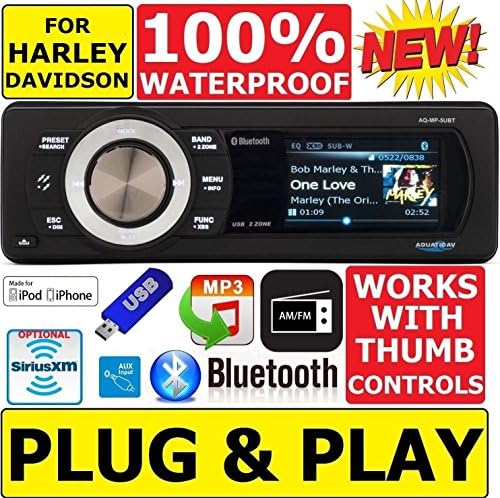 WATERPROOF Plug And Play Aquatic AV Digital Media AM/FM Radio Stereo w/Bluetooth, USB, Aux. OPTIONAL SIRIUSXM Fits/For Harley Davidson 1998-2013 Plug & Play