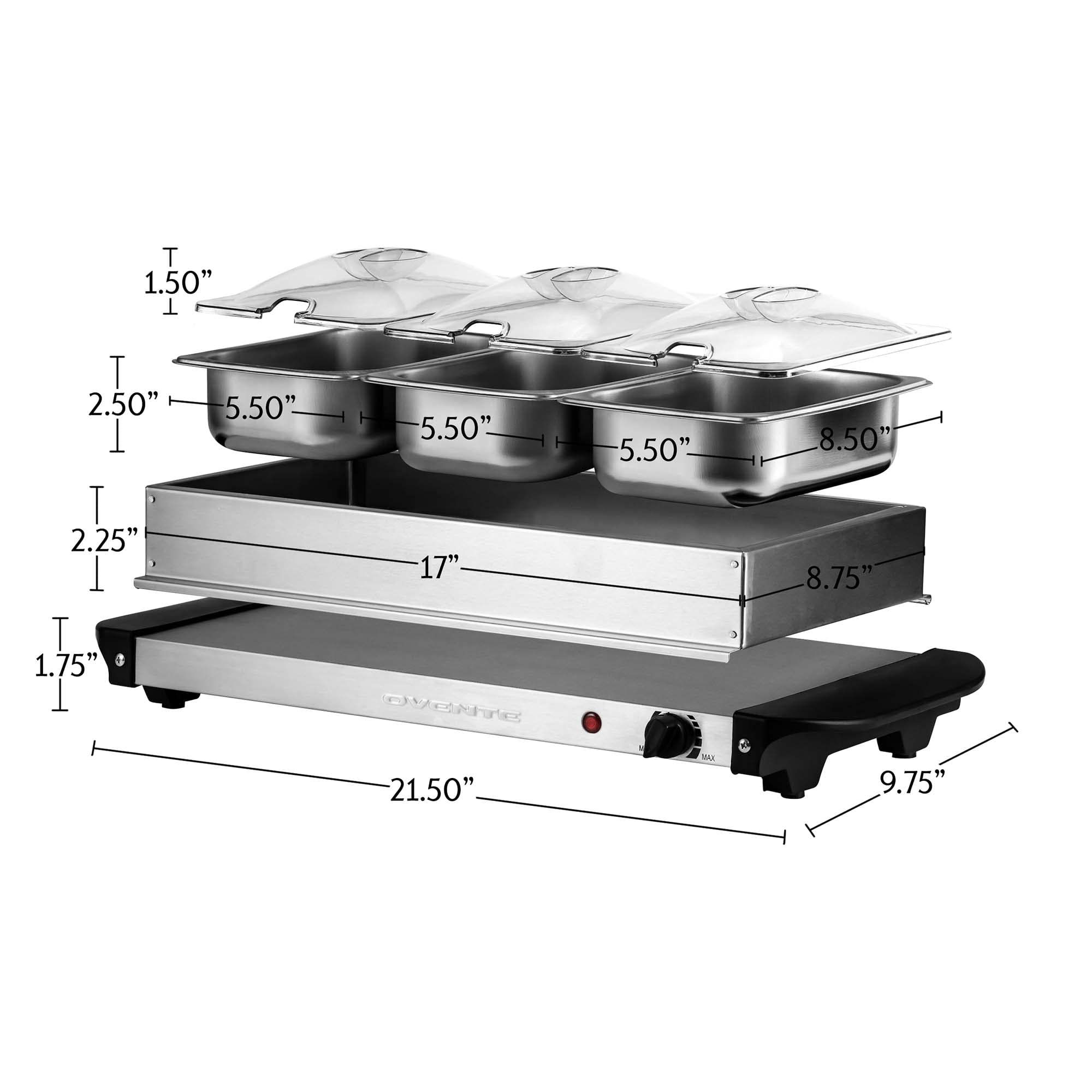 OVENTE Electric Buffet Server and Food Warmer, Three 1.5 Quart Chafing Dish Set with Stainless Steel Warming Tray Perfect for Holidays and Dinners, Silver FW173S