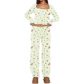 Dressmine Women Casual Pajamas Set 2 Piece PJs Sexy Square Neck Long Sleeve Tops Cute Pants Sets Sleepwear Srping PJ Clothes