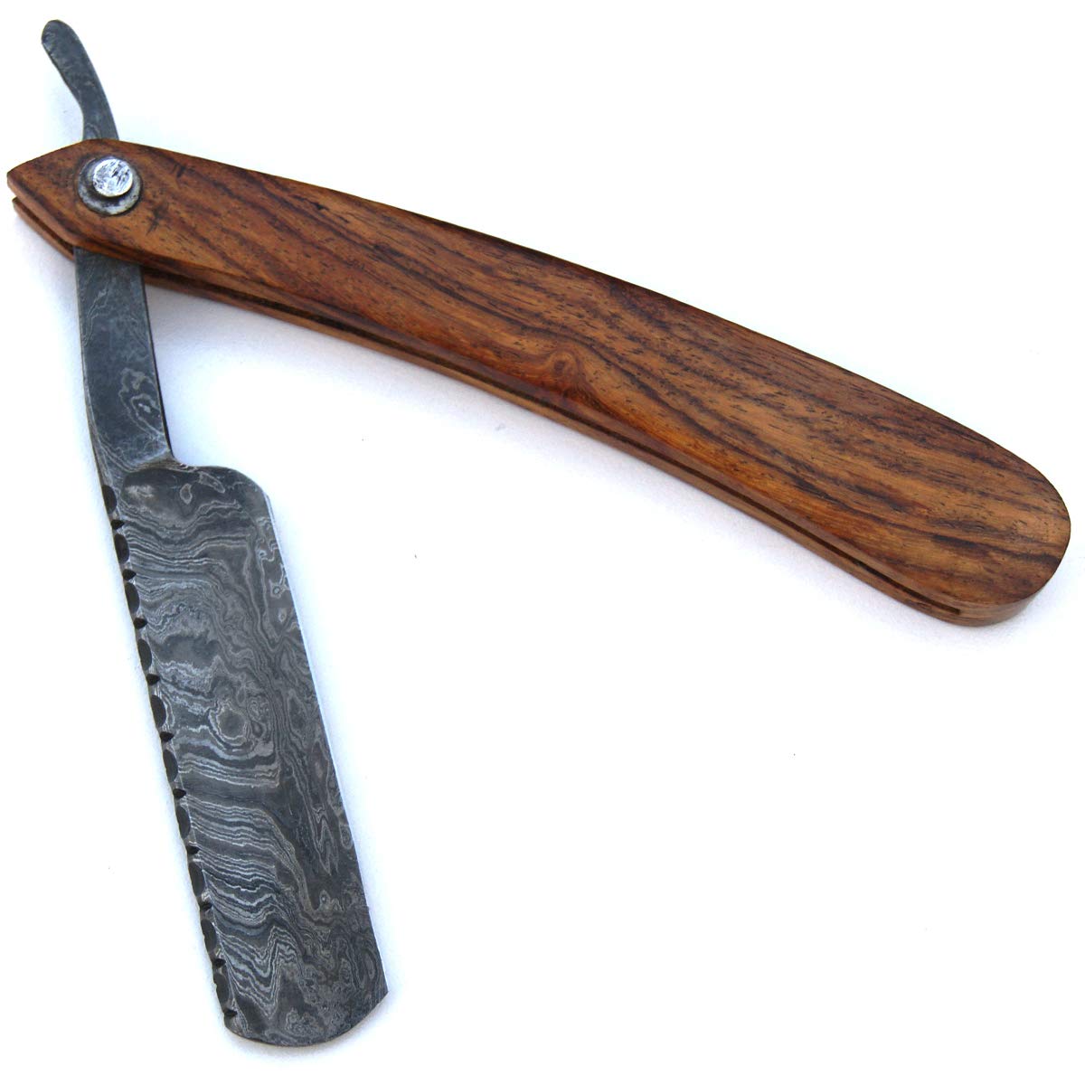 Photo 1 of 10 Inch Beautiful Custom Handmade forged damascus steel Folding Sharp Edge blade Razor knife edc with Leather sheath rose wood handle knives - 9337