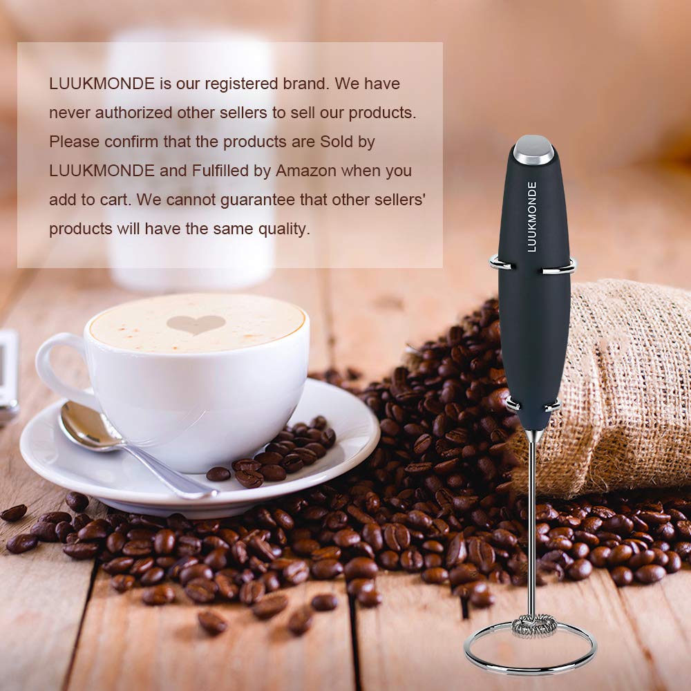 Milk Frother Electric Handheld Milk Steamer Coffee Stirrer Foam Maker Automatic Powerful Drink Mixer Stainless Steel Whisk & Enhanced Stand Ideal for Latte Cappuccino Hot Chocolate by LUUKMONDE(Black)