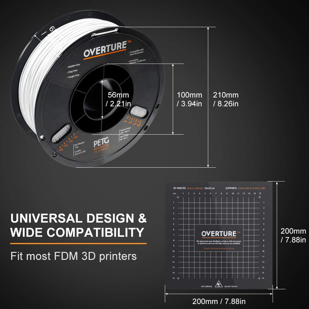 OVERTURE PETG Filament 1.75mm with 3D Build Surface 200 x 200 mm 3D Printer Consumables, 1kg Spool (2.2lbs), Dimensional Accuracy +/- 0.05 mm, Fit Most FDM Printer, White