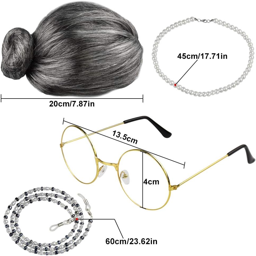 EMAGEREN 5 Pieces Old Lady Granny Wigs Silver Grandmother Wig Granny Wig Costume Old Lady Fancy Dress Cosplay Set Wigs Cap/Madea Grand Mother Glasses/Eyeglass Chains/Pearl Beads Necklaces for Dress Up - Image 3