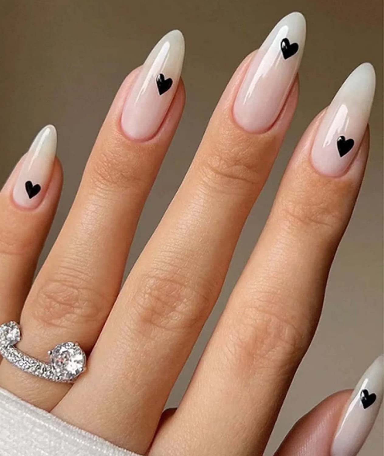 JUSTOTRY 24 Pcs Almond Press on Nails Short with Black Heart Designs,Milky False Nails Oval,French Stick on Nails for Women and Teens,Valentine's Day Fake Nail for Nail Art — image 1