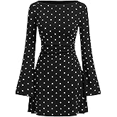 CIDER Polka Dot Dress Women Mini Dress Long Sleeve Boat Neck High Waist Bell Sleeve Ruched A Line
