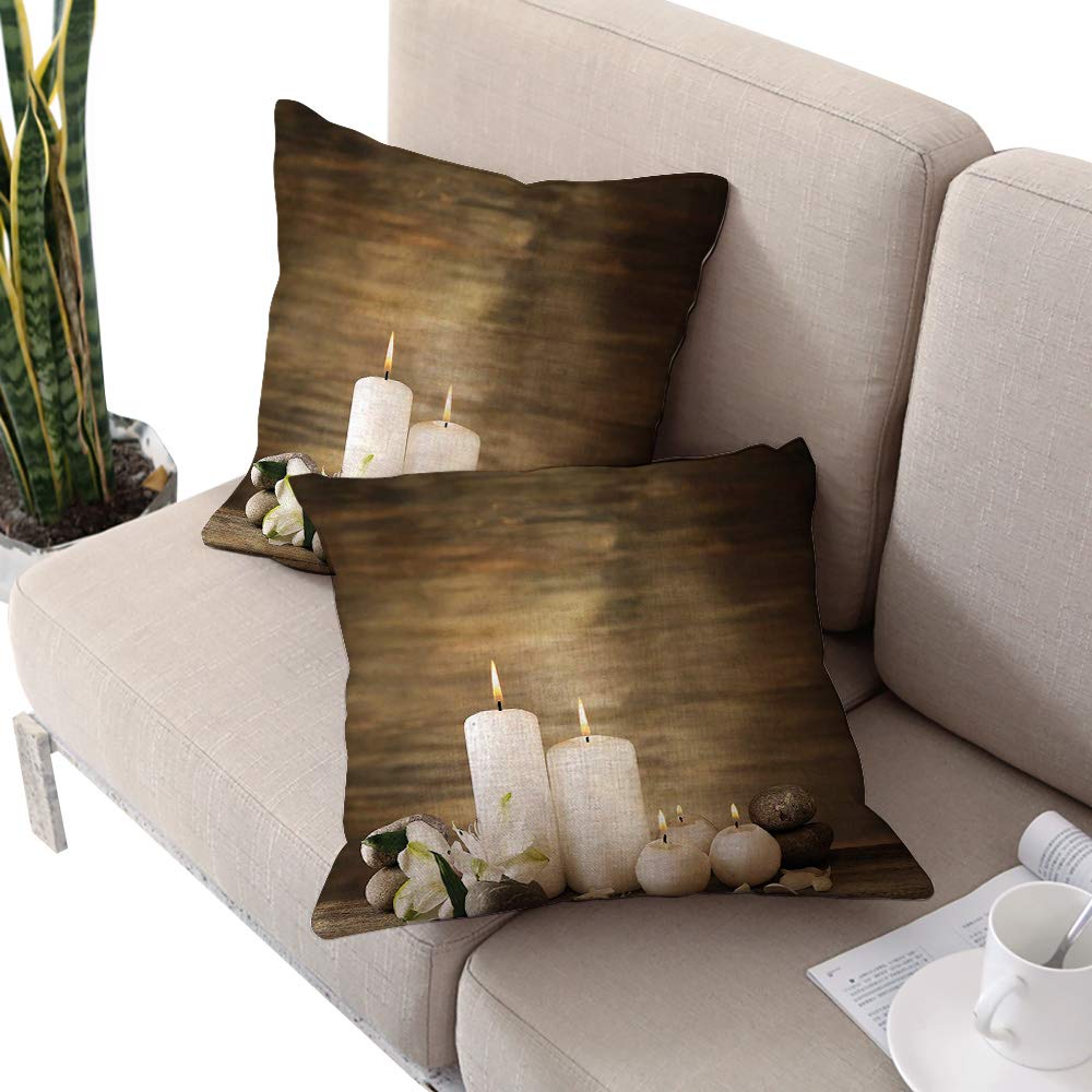 Spa Square Travel Pillowcase,Composition of Pure Candles Wooden Background with Stones and Flower Petals Print Brown and White W18 xL18 2pcs Cushion Cases Pillowcases for Sofa Bedroom Car