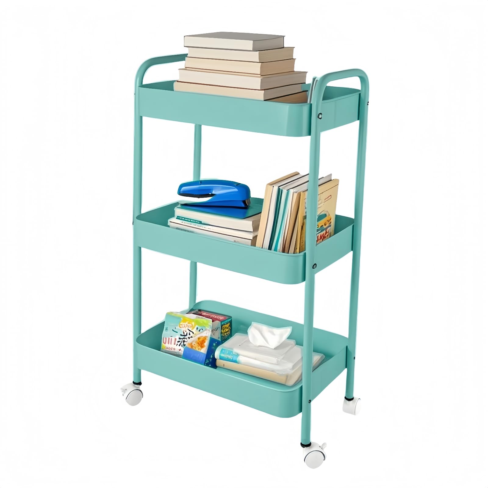 Photo 1 of Ufriandz 3 Tier Organizer Cart on Wheels, Metal Rolling Storage Cart with Wheels, Mobile Shelving Multifunction Storage Trolley with 4 Hooks fo Laundry Room Bathroom Kitchen Office, Green