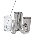 The Art of Craft Professional Bartending Set for Shaken and Stirred Drinks: Boston Cocktail Shaker, Hawthorne Strainer, Japanese Jigger, Bar Spoon and Crystal Mixing Glass