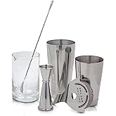 The Art of Craft Professional Bartending Set for Shaken and Stirred Drinks: Boston Cocktail Shaker, Hawthorne Strainer, Japanese Jigger, Bar Spoon and Crystal Mixing Glass