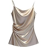 OYOANGLE Women's Ruched Button Side Silky Cami Top Spaghetti Strap Draped Elegant Shirts