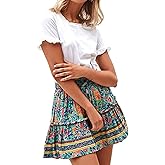 Hoerev Womens Girls Floral Flared Short Skirt Cute High Waist Ruffle Skirt Beach Mini Skirt