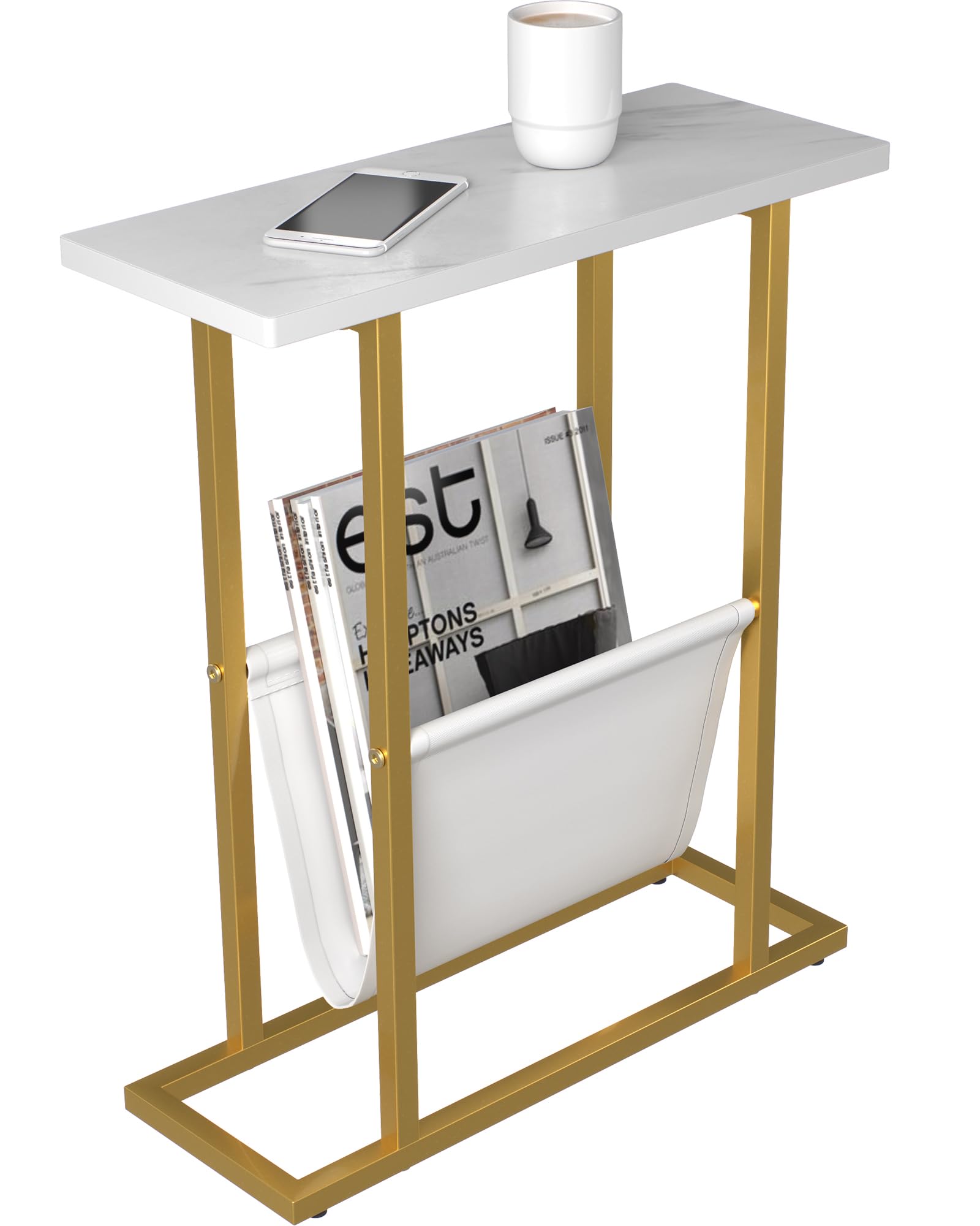 Yusong Small Narrow Side Table for Small Spaces, Slim End Table Magazine Table Nightstand with Storage Holder, Accent Skinny Snack Couch Bedside Table,Gold (Rustic Brown) (Gold)