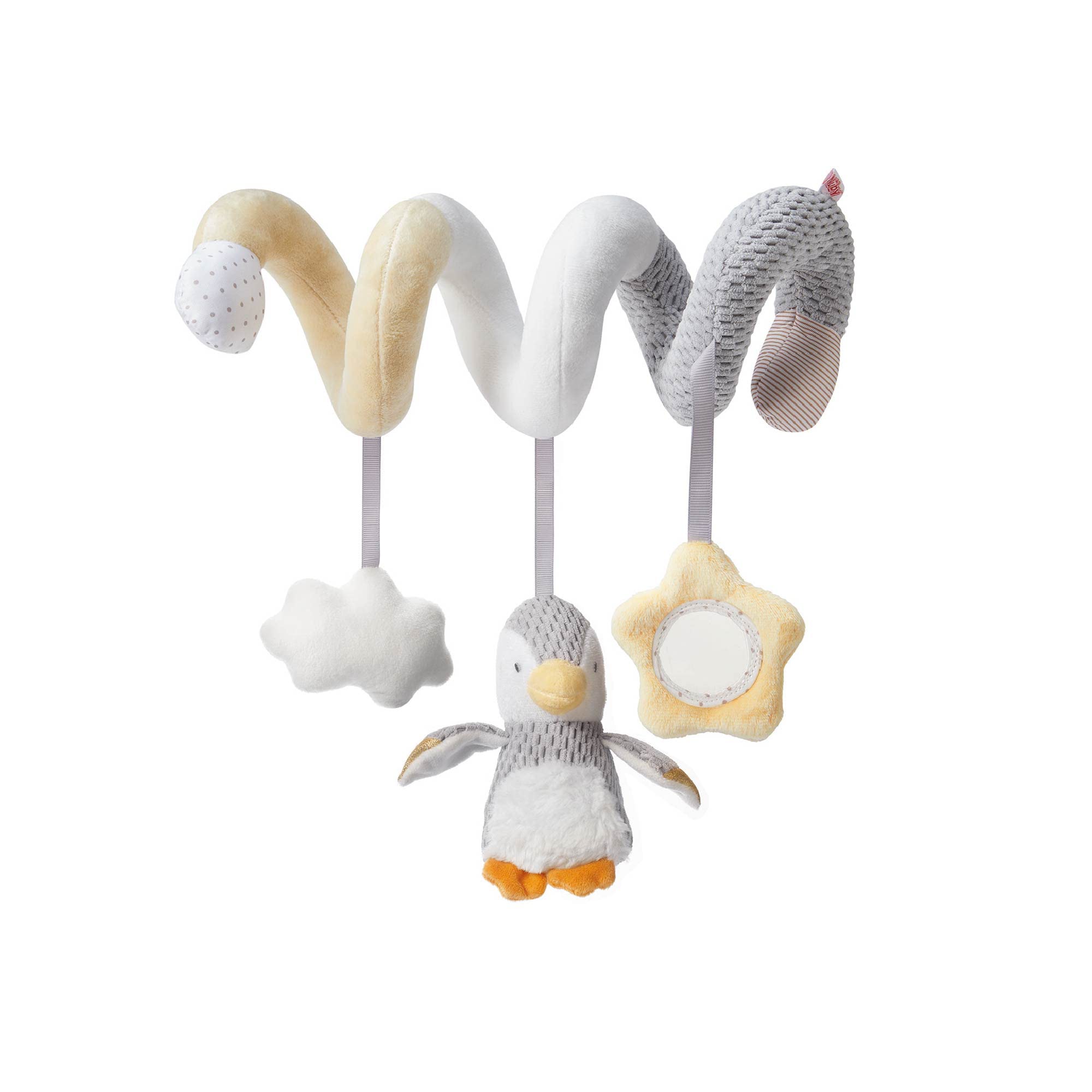 Nuby Soft Spiral Pram Toy – Interactive Wrap-Around Toy with Baby-Safe Mirror | Dangling Plush Toys | Suitable from Birth (Grey)