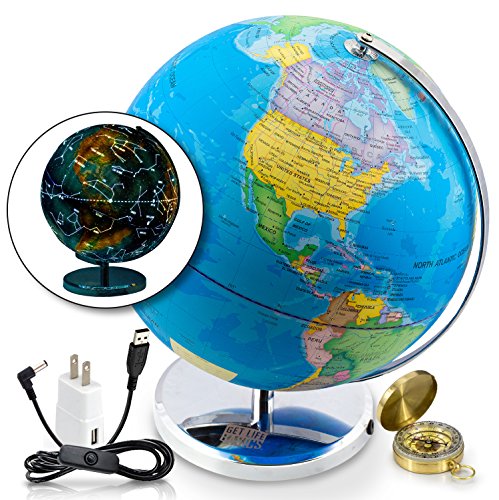 13 Inch World Globe & Compass by GetLifeBasics: See the Earth and the Stars in Details. Illuminated Constellation View Night, STEAM Kids Educational Astronomy Political Map