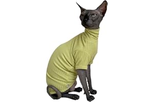 KITIPCOO Sphynx Cats Shirt Cat Turtleneck Cotton Sweater Pullover Kitten T-Shirts with Sleeves Cat Pajamas Jumpsuit for Sphynx Cornish Rex, Devon Rex, Peterbald (Large (Pack of 1), Green Yellow)