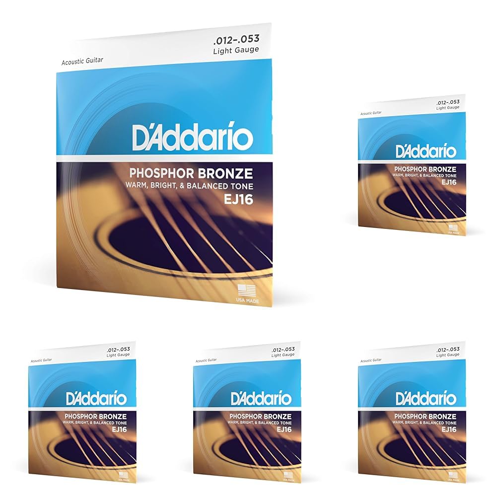 D'Addario Guitar Strings - Acoustic Guitar Strings - Phosphor Bronze - For 6 String Guitar - Warm, Bright, Balanced Tone - EJ16 - Light, 12-53 (Pack of 5) — image 1