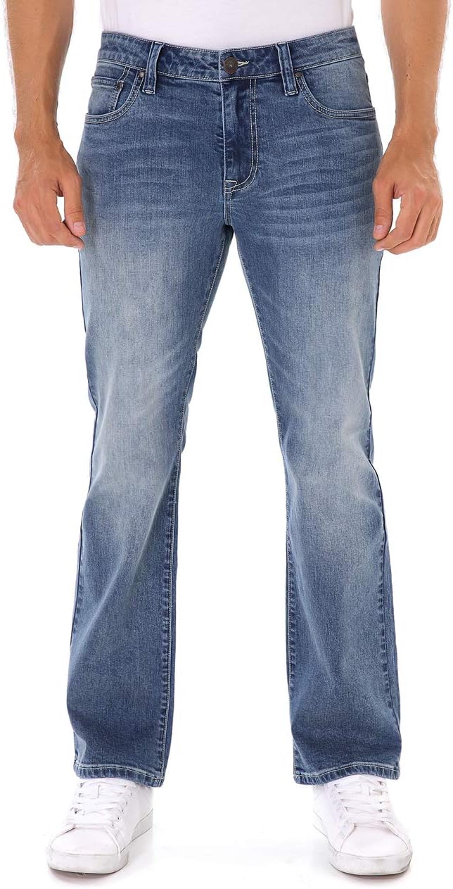 Indigo alpha Men’s Stretch Extensible Boot Cut Fit Distressed Faded Denim Jeans