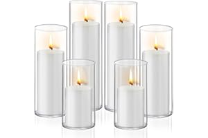 Homjoy 12 PCS White Pillar Candles with Glass Candle Holders Clear Hurricane Candle Holders Glass Cylinder Vases for Centerpieces Wedding Party, Event, Home Office (6 Candles+6 Candle Hoders)