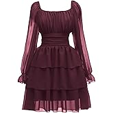 OBBUE Women's Summer Dress Tie Back Square Neck Aline Long Sleeve Layered Swing Mini Dresses