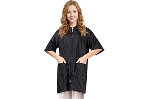 TOPTIE Nylon Salon Hairstylist Smock Barber Haircut Jacket, Dog Pet Grooming Work Shirt Uniform with Zip Closure-Black-M