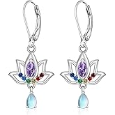 7 Chakra Earrings Lotus Earrings for Women Sterling Silver Lotus Flower Earring Dangle Moonstone Yoga Jewelry Birthday Valentines Gifts