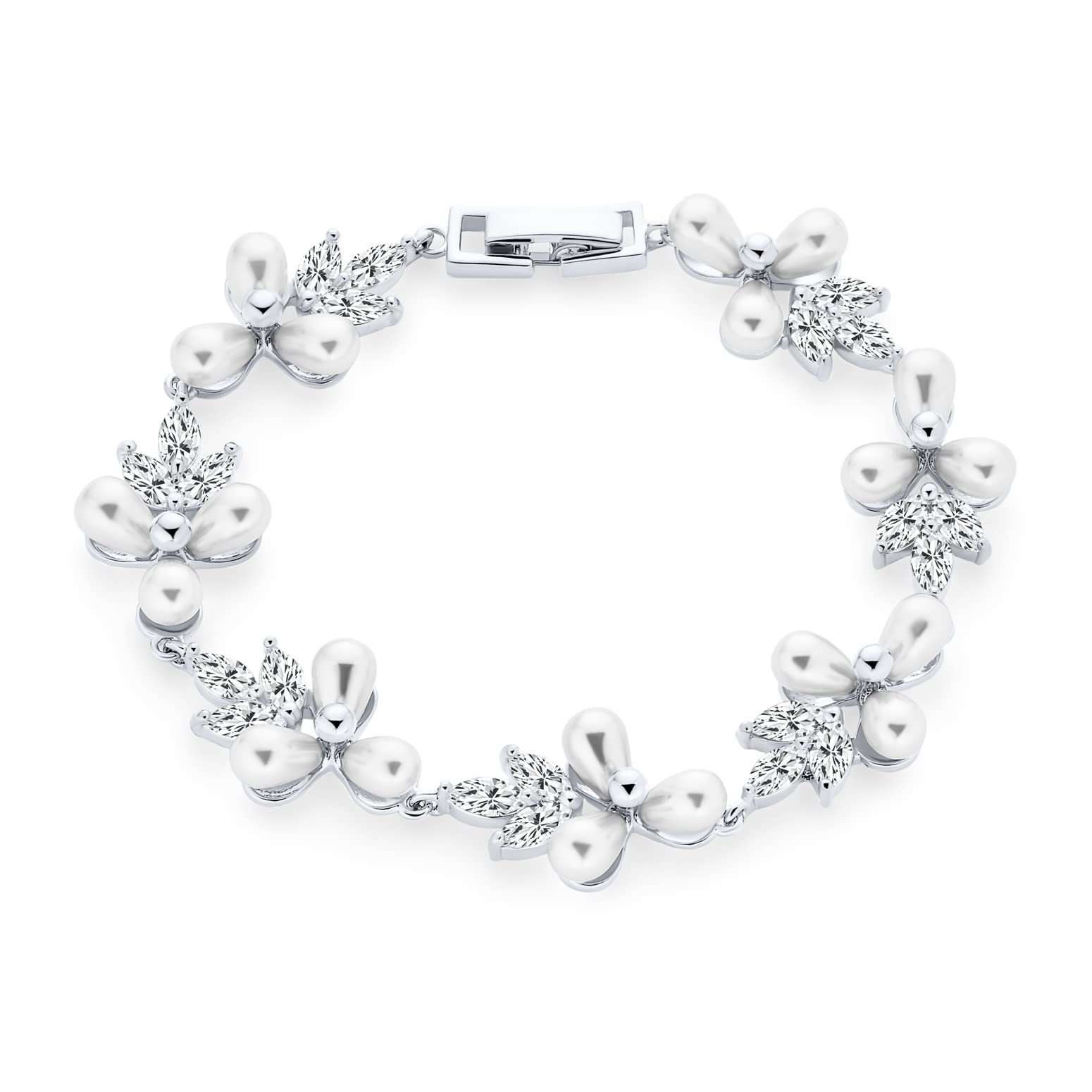 Bling Jewelry Bridal Wedding Multi Flowers CZ Leaf Genuine White Freshwater Cultured Pearl Bracelet For Women Silver Plated 7 Inch