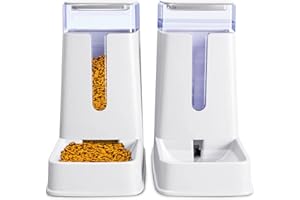 HIPIDOG 2 Packs Automatic Cat Feeder and Waterer, Gravity Dog Food and Water Dispenser Set for Small Medium Big Pets Cats Dogs Puppy Kitten, 1 Gallon x 2 (White)