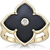 Lavari Jewelers Black Onyx or Mother of Pearl and Cubic Zirconia Flower Ring for Women in 925 Sterling Silver with Gold Plating Anniversary Size 6 to 8