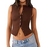Relety Womens Crop Tank Tops Going Out Button Down Vest Seamless Ribbed Trendy Shirts Cute Sleeveless Summer Spring Y2K Cami