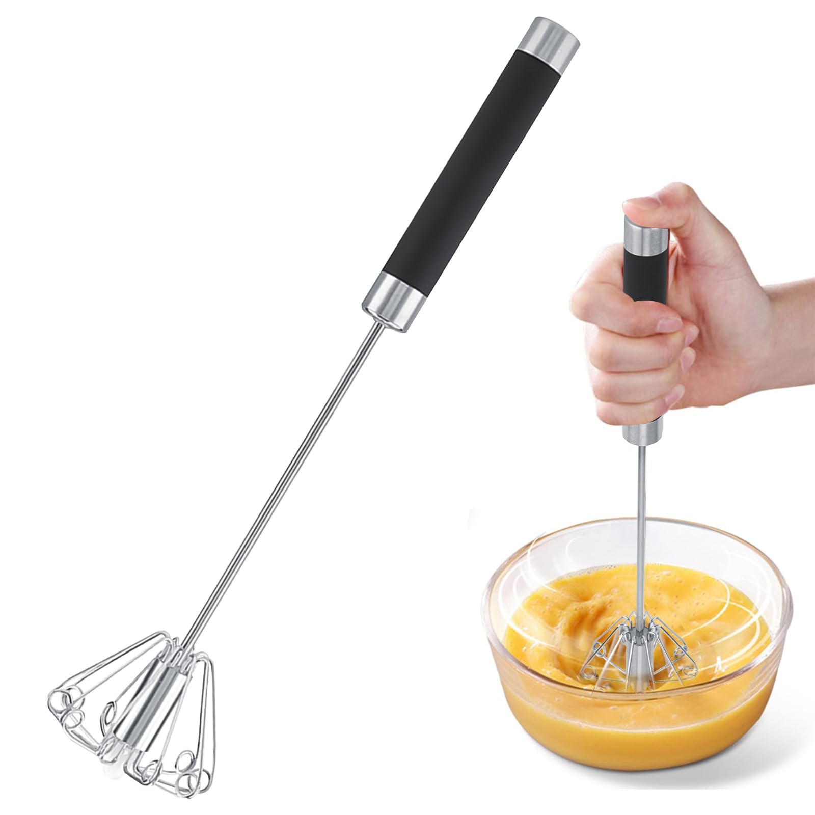 Whisk,Stainless Steel Semi-Automatic Egg Whisk,Hand Push Whisk Blender,Rotating Push Mixer Stirrer for Whisking,Beating,Stirring,Egg Beater,Milk Frother,Kitchen Cooking Tools for Home Restaurants