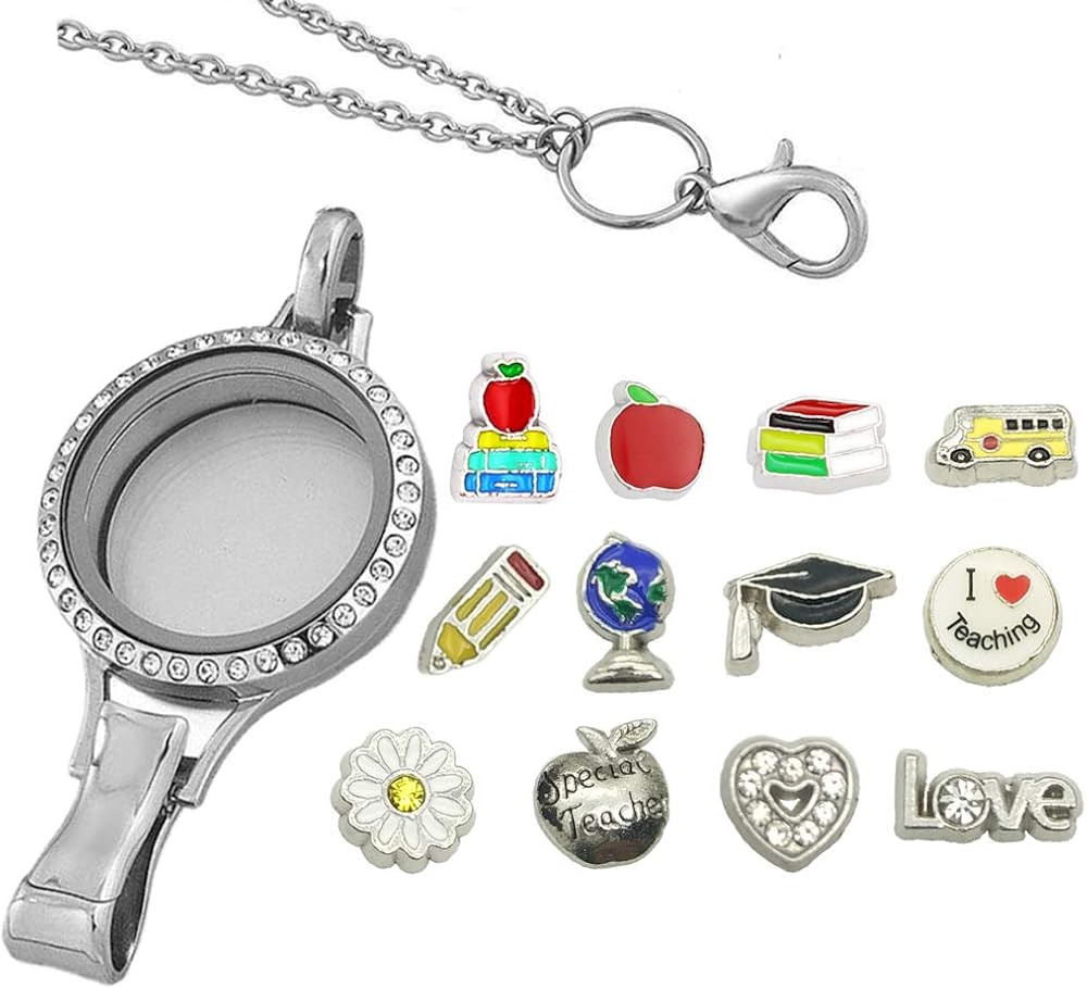 Doingo School Floating Locket Lanyard Teacher ID Card Holder Charm Lanyard with Badge Holder Present