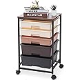 SYKIARIOL Utility Cart with 5 Drawers,Storage Drawer Cart with Wooden Tabletop and Lockable Wheels,Craft Storage Trolley Cart,5-Tier Rolling Utility Cart on Wheels,Dark Brown